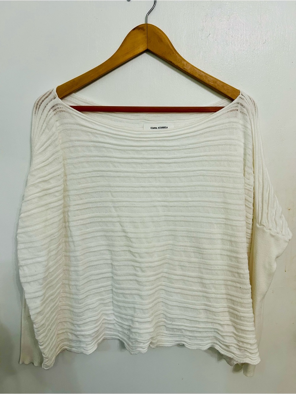 Ionna Kourbela Loose Ivory Ribbed Boatneck Knit Top